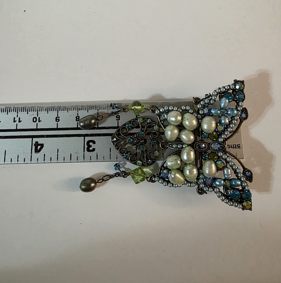 Vtg Butterfly Freshwater Pearl Crystal Brooch - Picture 5 of 6